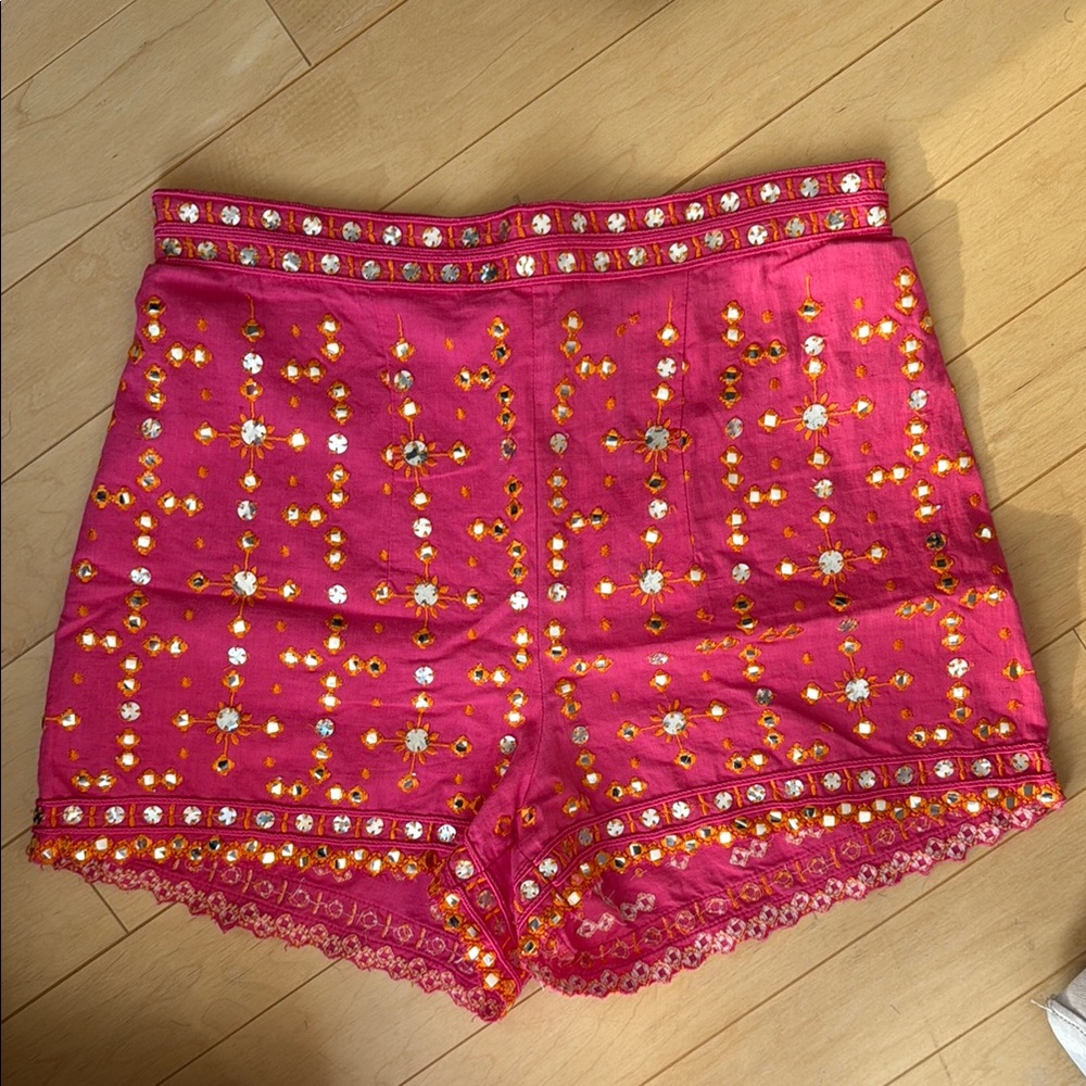 Zara Pink Embroidered Shorts with silver detail